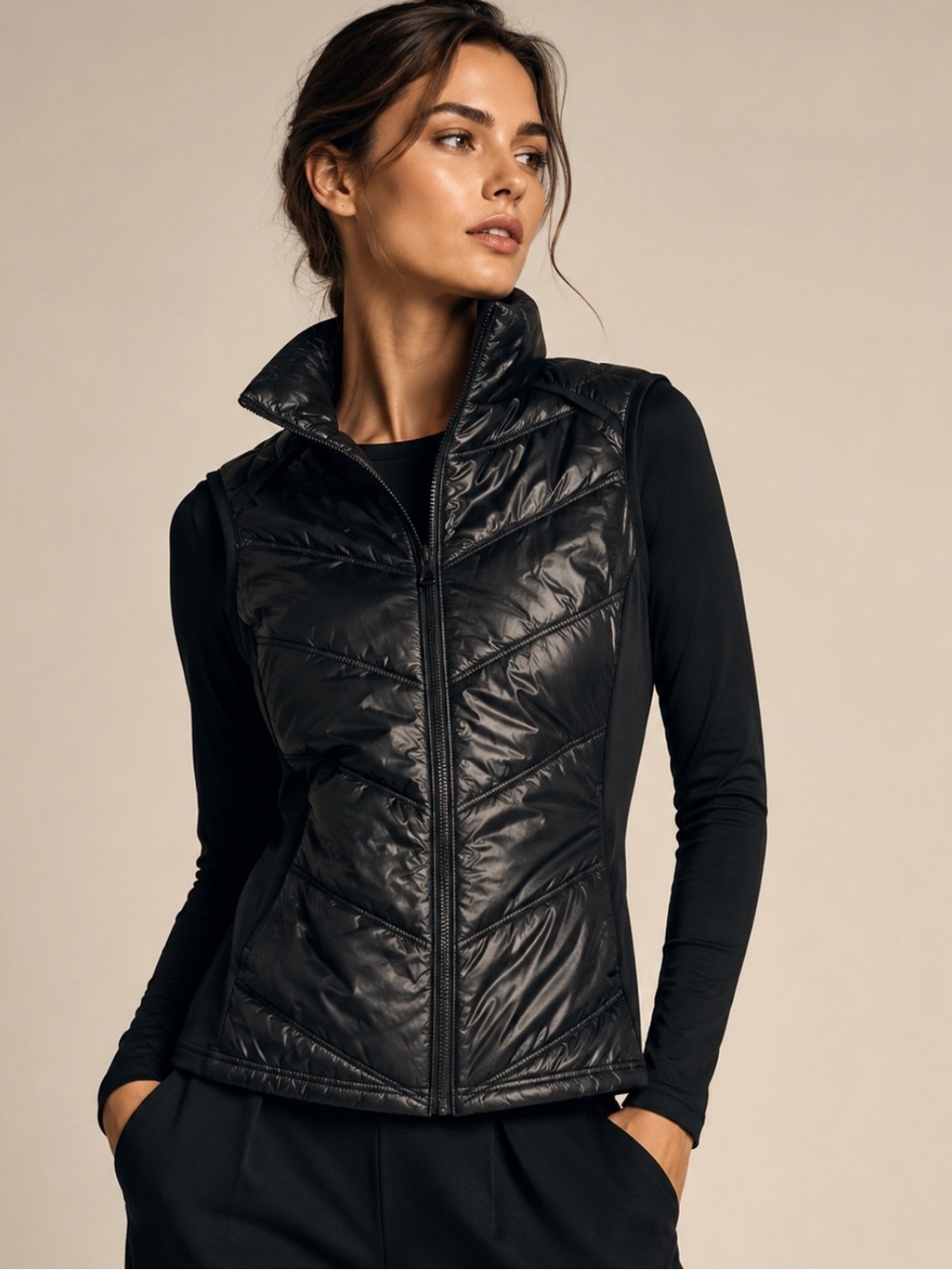 Black Quilted Puffer Vest Women's Medium Lightweight Zip Front Stretch